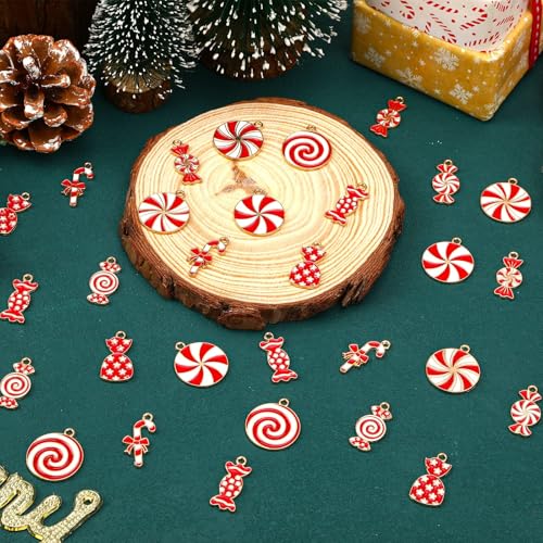60Pcs Christmas Charms, Candy Cane Charms for Jewelry Making | Alloy Enamel, Christmas DIY Crafts, Holiday Earring Necklace Bracelet Jewelry Making, Xmas Red White Candy Pendants - style: Christmas Candy Charms