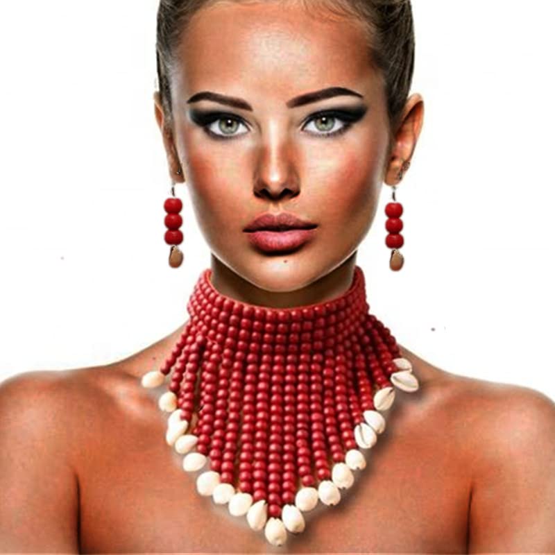 Wooden Beaded Seed Bib Necklace and Earrings Set for Women,Statement African Boho Layering Chunky Collar Choker Set - color: Red