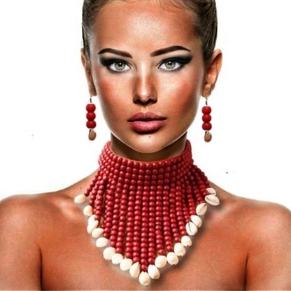 Wooden Beaded Seed Bib Necklace and Earrings Set for Women,Statement African Boho Layering Chunky Collar Choker Set - color: Red