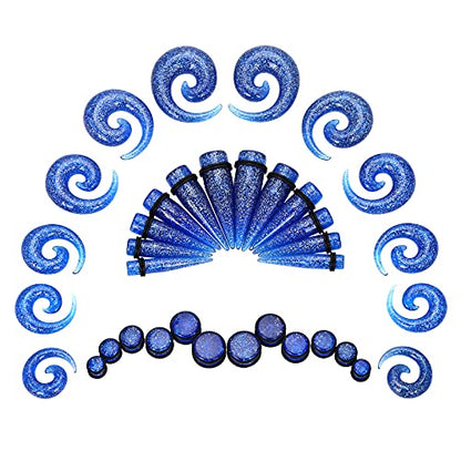 Qmcandy 00G-20mm Ear Stretching Kit 36PCS Big Gauge Taper Kit Large Acrylic Tunnel Plug Spiral Set - color: 36pcs, Glitter Blue