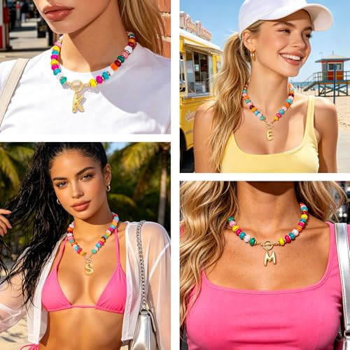 NIKOLUX Colorful Initial Necklaces for Women Chunky Resin Beaded Toggle Necklace 14K Gold Plated A-Z Bubble Letter Pendant Necklace Trendy Summer Beach Handmade Jewelry Gift - color: Colorful-K