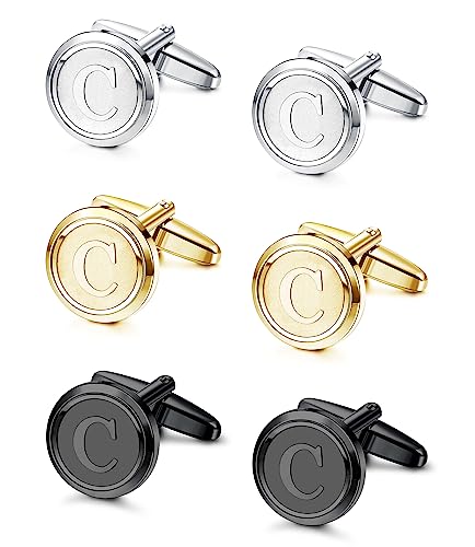 LOLIAS 3 Pairs Initial Cufflinks for Men Classic Mens CuffLinks Set Letter | Cuff Links for Casual to Formal with Gift Box Silver Black 14K Gold Plated Cufflinks for Father Husband Groom Groomsmen Gift - style: Letter C