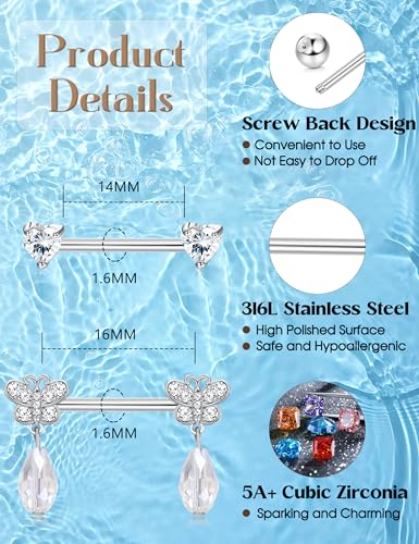 JOERICA 6 Pairs 14G Nipple Rings for Women 316L Stainless Steel Heart Butterfly Moon CZ Flower Barbell Nipple Rings Set Cute Nipplerings Piercing Jewelry - color: Sliver Tone