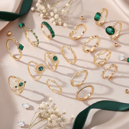 Chunky Gold Rings for Women Non Tarnish, Baroque Pearl Flower Tiger's Eye Stone Rings Adjustable Stacking Statement Rings Set Fashion Jewelry Gifts - style: All Green Set