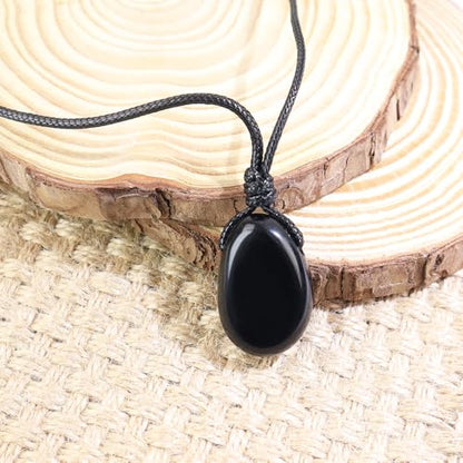 FANASY Natural Gemstone Pendant Necklace Healing Crystal Stone Choker Necklace Adjustable Waxed Black Rope for Women Men - color: Black Obsidian