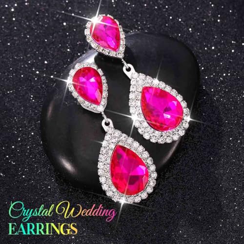 Catery Crystal Wedding Earrings Silver Rhinestone Ear Rings Teardrop Bridal Ear Jewelry for Brides and Women - color: Hot Pink