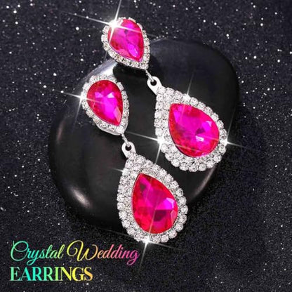 Catery Crystal Wedding Earrings Silver Rhinestone Ear Rings Teardrop Bridal Ear Jewelry for Brides and Women - color: Hot Pink