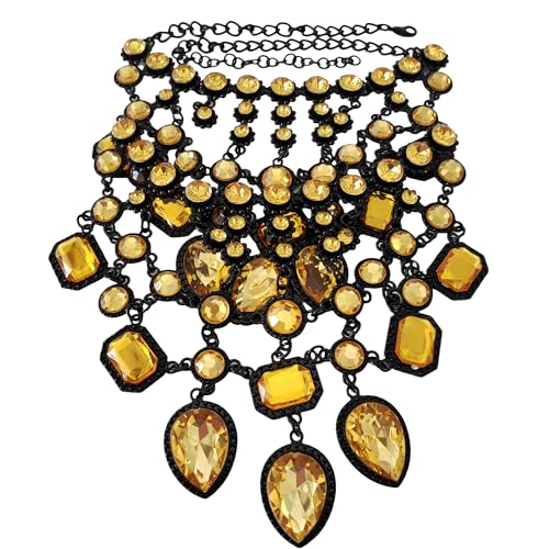 925 Sterling Silver Bib Jewelry Sets For Women - ZA Indian Ethnic Round Water Drop Crystal Tassel Necklace Earrings Jewelry Sets Statement Large, Chunky Rhinestone Necklace - color: Yellow - Bib Necklace