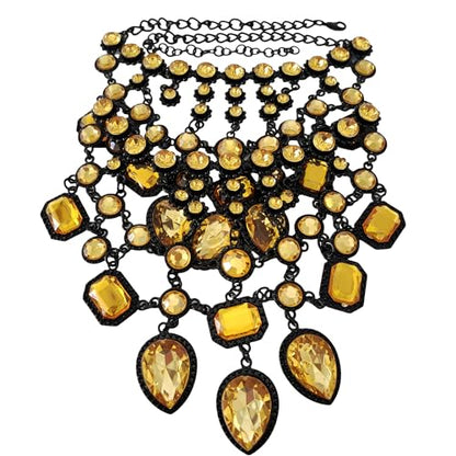 925 Sterling Silver Bib Jewelry Sets For Women - ZA Indian Ethnic Round Water Drop Crystal Tassel Necklace Earrings Jewelry Sets Statement Large, Chunky Rhinestone Necklace - color: Yellow - Bib Necklace