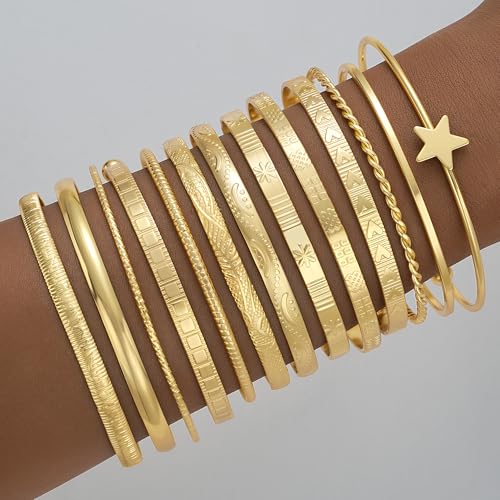 FAXHION Gold Bangle Bracelets for Women, 14 Pcs Multi Layer Stackable Bangle Set, 14K Gold Plated Textured Chunky Bracelets Boho Jewelrys Set - style: Gold B-13 pcs