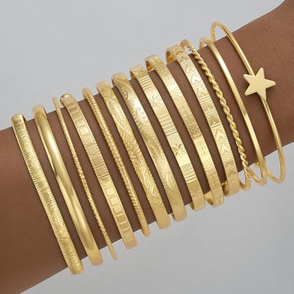 FAXHION Gold Bangle Bracelets for Women, 14 Pcs Multi Layer Stackable Bangle Set, 14K Gold Plated Textured Chunky Bracelets Boho Jewelrys Set - style: Gold B-13 pcs