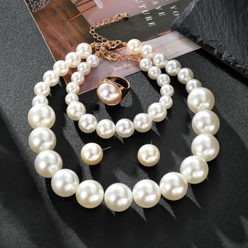 White Faux Pearl Necklace and Earrings Set Big Large Pearl Bead Ball Beaded Choker Necklace Black Pink Pearls Statement Bracelet Ring for Women - color: white