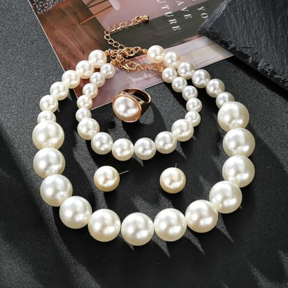 White Faux Pearl Necklace and Earrings Set Big Large Pearl Bead Ball Beaded Choker Necklace Black Pink Pearls Statement Bracelet Ring for Women - color: white