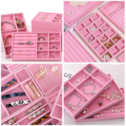 12Pcs Velvet Stackable Jewelry Trays, Jewelry Drawer Organizer, Large Removable Display Jewelry Tray, Necklace Bracelet Storage Box for Earring, Ring, Brooch, Watch (Pink) - color: 12 Pack-Pink