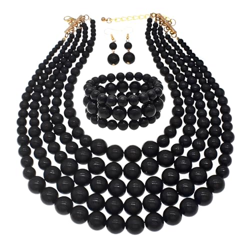 Faux Big Pearl Srand Necklaces for Women 5 Layers Pearls Choker Bib Collar Necklace Bracelet and Earrings set 1920s Costume Pearl Jewelry Bridal Wedding - color: black