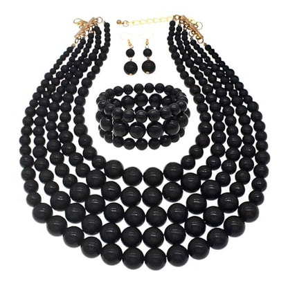 Faux Big Pearl Srand Necklaces for Women 5 Layers Pearls Choker Bib Collar Necklace Bracelet and Earrings set 1920s Costume Pearl Jewelry Bridal Wedding - color: black