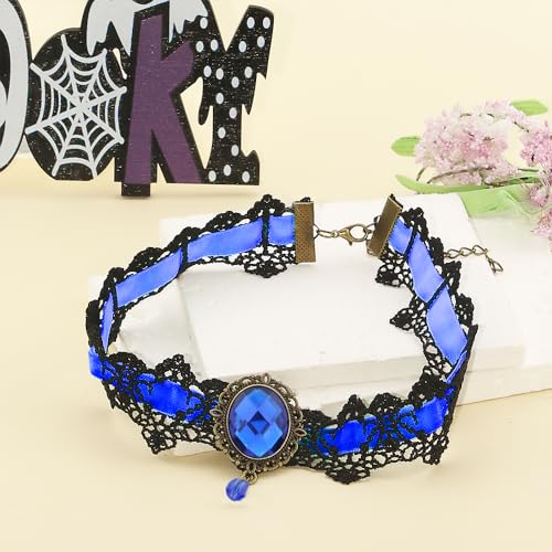 Gothic Lace Choker Vampire Necklace for Women,Black Lace Red Crystal Pendant Necklaces for Halloween,Goth Black Necklace Jewelry Witch Costume Vampire Accessories - style: Style Blue