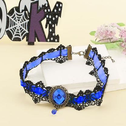 Gothic Lace Choker Vampire Necklace for Women,Black Lace Red Crystal Pendant Necklaces for Halloween,Goth Black Necklace Jewelry Witch Costume Vampire Accessories - style: Style Blue