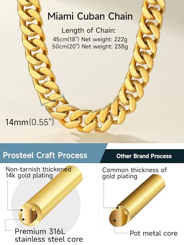 PROSTEEL Chunky Cuban Link Curb Chain Necklace for Women Men, Stainless Steel Choker Thick Trendy Statement Hip Hop Miami Cuban Chain Jewelry Gifts Unisex Size,5/12/14mm Widths,18"/20" - color: 14mm-Gold, size: 20inches