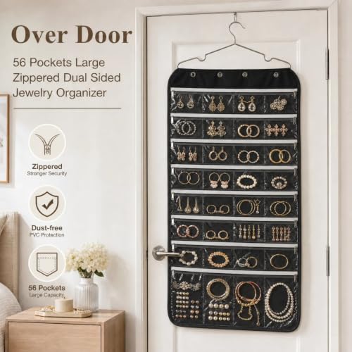 56 Pockets Large Zippered Dual Sided Jewelry Hanging Organizer Necklace Earrings Bracelets Rings Accessories Storage Bag Wall Mounted Door Cabinet Hanger Holder Clear Pouch Display Foldable