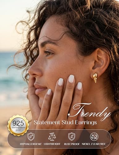 Chunky Gold Stud Earrings for Women Sterling Silver Earring Hypoallergenic | Non Tarnish 14K Gold Plated 925 Silver Posts for Sensitive Ears,Knot Statement Dangle Earrings Gold Jewelry Gifts Lightweight - color: gold plated-little conch