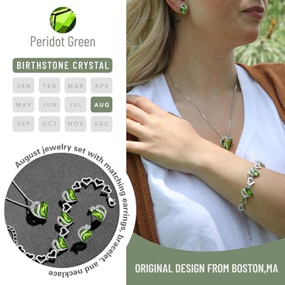 Leafael Necklace Gift Set for Women, Infinity Love Birthstone Heart Pendant with Matching Earrings and Bracelet, for Mom and Wife, Silver Plated - color: 08-Set-August-Peridot Green