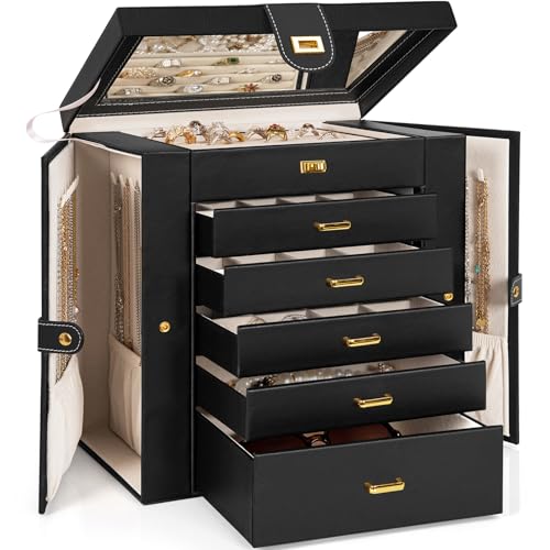 AKOZLIN 6-Tier Jewelry Box Organizer Functional 5 Drawers Leather Jewelry Storage Case for Women Girls Ring Necklace Earring Bracelet Holder Organizer with Mirror Extra Large Black - color: Black, size: Extra Large