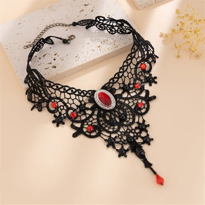 Black Lace Choker Necklace for Women Halloween Gothic Vampire Red Crystal Necklaces Steampunk Cosplay Costume Party Necklace Halloween Jewelry - color: Red