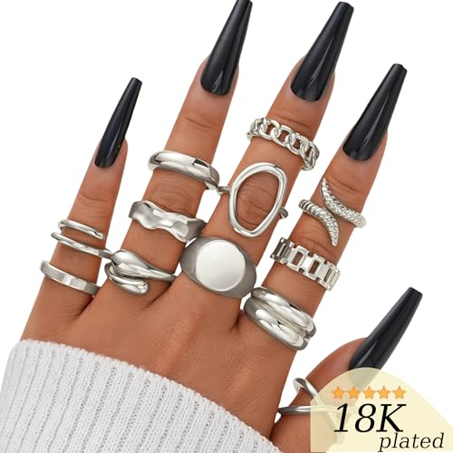 FAXHION 12PCS Gold Stackable Rings Set for Women, 18K Gold Plated Open Stacking Knuckle Ring, Adjustable Chunky Signet Band Statement Ring for Gift - color: 3-ringsSilver