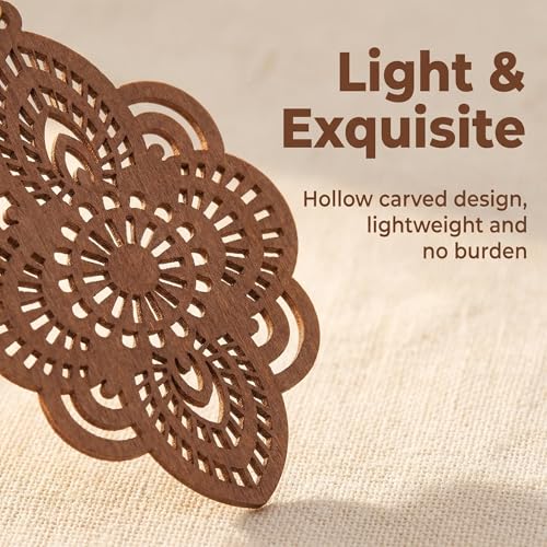 Boho Black Filigree Dangle Earrings for Women, Lightweight Hollow Lace Drop, Wood, 3.34" x 1.69", Bohemian Jewelry - color: Light Brown