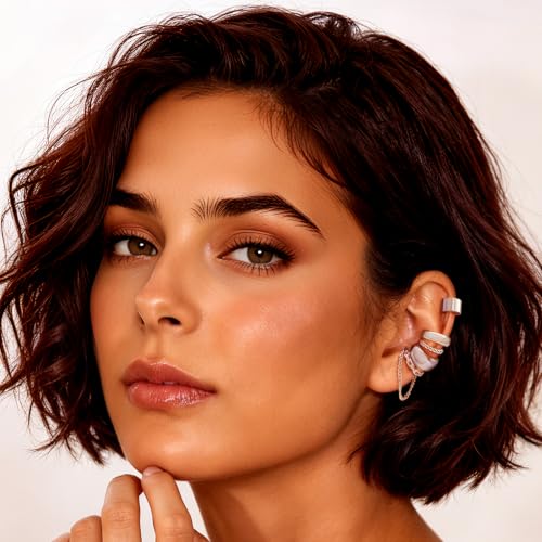 5 Pcs Thin Chunky Ear Cuff Earrings for Women 14K Gold Plated Brass Ear Cuffs Non Piercing Trendy Clip on Cartilage Earrings Cubic Zirconia Fake Piercings Earrings Jewelry - color: Chunky,Chain Silver