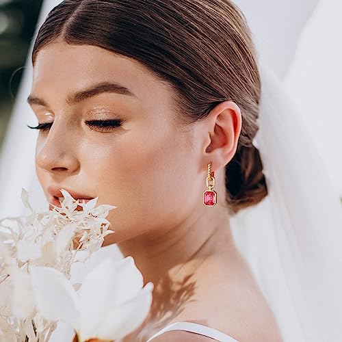 Birthstone Crystal Dangle Drop Earrings, 18K Gold Plated Huggie HoopEarring | Hypoallergenic Earring Jewelry Gifts for Women, Birthdays, anniversaries, weddings - color: Hot Pink-1