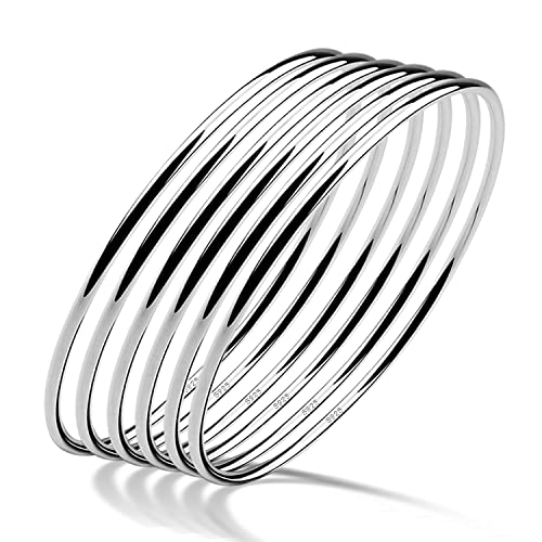 H&Beautimer 925 Sterling Silver Bracelet for Women's Italian Handmade Solid Bangle 2/3/4/5/6/7 Set Rose Gold Fine Jewelry With Gift Box - color: Silver 6set, size: 68MM