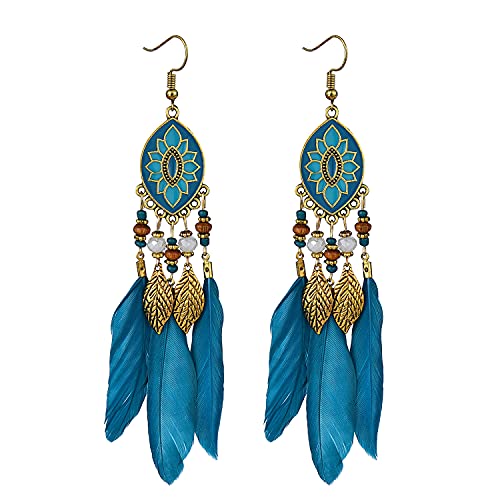 Dreuyet Boho Long Feather Drop Dangle Earrings for Women Retro Bohemian Ethnic Fringe Multicolor Tassel Feather Earring Handmade Statement Dream Catcher Earrings Jewelry - color: Turquoise Oval