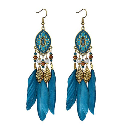 Dreuyet Boho Long Feather Drop Dangle Earrings for Women Retro Bohemian Ethnic Fringe Multicolor Tassel Feather Earring Handmade Statement Dream Catcher Earrings Jewelry - color: Turquoise Oval