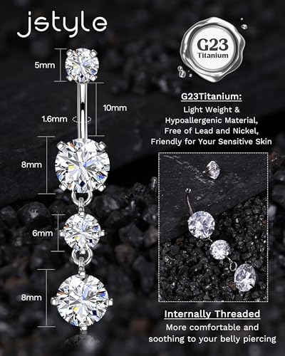 Jstyle G23 Titanium Belly Button Rings for Women 14G Internal Threaded | 14G Dangling Navel Ring, Hypoallergenic Belly Button Bar with Spacking AAAAA+ Cubic Zirconia, 10mm Bar Length Belly Piercing - color: Silver Tone: Dangling