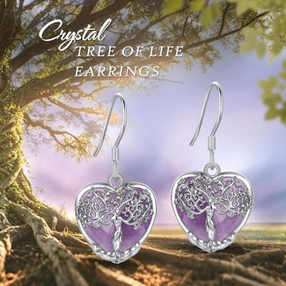 AEONSLOVE Tree of Life Crystal Earrings with Sterling Silver Ear Hooks, Dangle Drop Tree Earrings Gifts for Women - style: A01-Amethyst-Heart