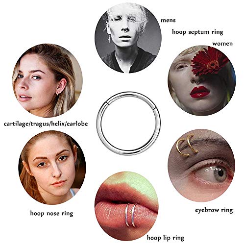 MissNity 316L Surgical Steel Hinged Nose Rings Hoop 20G 18G 16G 14G, Diameter 6mm to 10mm, Color Gold - Rose Gold - Silver - Black - Rainbow - color: A01: silver - 1pc