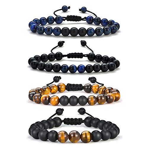 M MOOHAM Mens Bracelet - Beaded Natural Stone 8mm Tiger Eye Matte Agate Lava Rock Bracelets for Men Teen Boys Grandpa Dad Birthday Gifts Jewelry - style: 4 Pcs Tiger Eye&Matte Agate