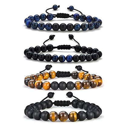 M MOOHAM Mens Bracelet - Beaded Natural Stone 8mm Tiger Eye Matte Agate Lava Rock Bracelets for Men Teen Boys Grandpa Dad Birthday Gifts Jewelry - style: 4 Pcs Tiger Eye&Matte Agate