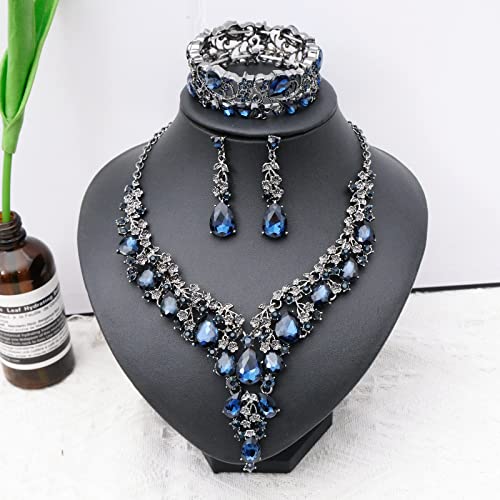 CSY Elegant Crystal Costume Jewelry Sets Flower Bridal Necklace Earrings Stretch Bangle Set for Bride Bridesmaid Wedding Dress Accessories - color: navy blue crystal