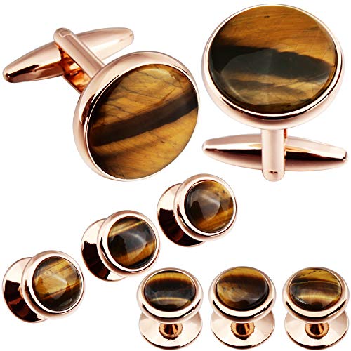 HAWSON Cufflinks and Tuxedo Studs Set for Men with Gift Box, Mother-of-Pearl Cuff links for French Cuff Shirt and Dress Shirt, Suitable for Wedding, Birthday, Party - style: Rose Gold & Tiger Eye