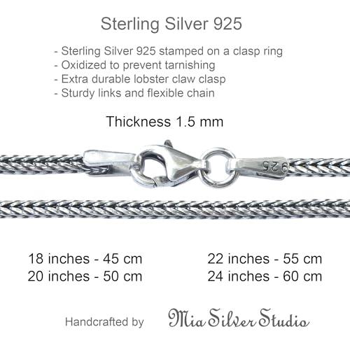 Solid 925 Sterling Silver Foxtail Chain Necklace, Width 1.5mm - Oxidized Non-Tarnish Unisex Snake Design Wheat Chain Necklace for Men Women 17.7" 19.7" 21.6" 23.6" Inch - Handmade - style: 19.7" - 50 cm