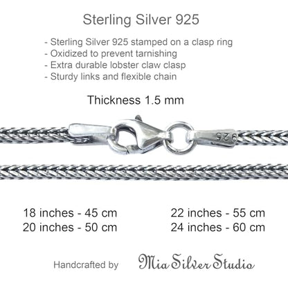 Solid 925 Sterling Silver Foxtail Chain Necklace, Width 1.5mm - Oxidized Non-Tarnish Unisex Snake Design Wheat Chain Necklace for Men Women 17.7" 19.7" 21.6" 23.6" Inch - Handmade - style: 19.7" - 50 cm