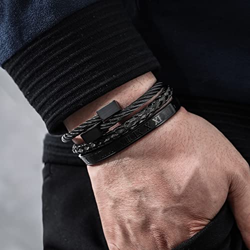 WFYOU 3PCS Stainless Steel Imperial Crown Bracelets for Men Gold Roman Numeral Bangle Bracelet Adjustable Cuff Bracelet Mens Luxury Jewelry Gifts - style: 09:Black- Square