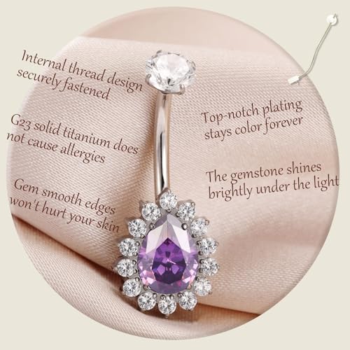 AROWRO Gold Belly Button Ring G23 Titanium Hypoallergenic 14G belly ring for Women Men Teardrop Navel Piercing Jewelry 10mm Barbell With Cubic Zircon - color: Sliver+Purple CZ