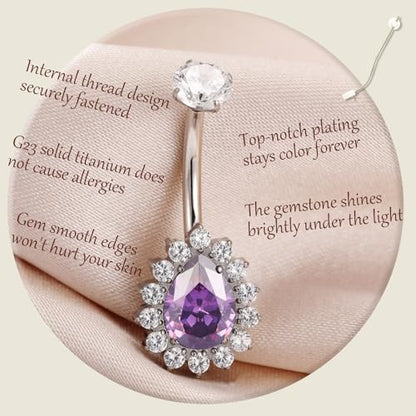 AROWRO Gold Belly Button Ring G23 Titanium Hypoallergenic 14G belly ring for Women Men Teardrop Navel Piercing Jewelry 10mm Barbell With Cubic Zircon - color: Sliver+Purple CZ