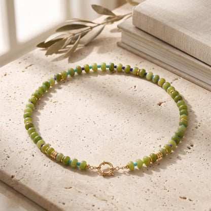BELLA-Bee Natural Stone Beaded Choker, Multi Color Boho Jewelry Gift | Small bead natural stone choker with stainless steel ring clasp — multicolor stone, handmade healing jewelry for vacation - color: Green