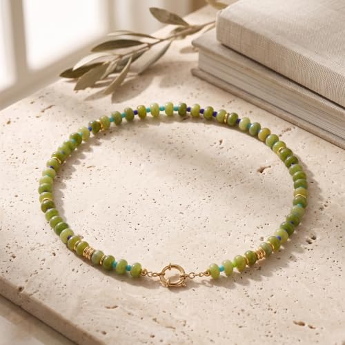 BELLA-Bee Natural Stone Beaded Choker, Multi Color Boho Jewelry Gift | Small bead natural stone choker with stainless steel ring clasp — multicolor stone, handmade healing jewelry for vacation - color: Green