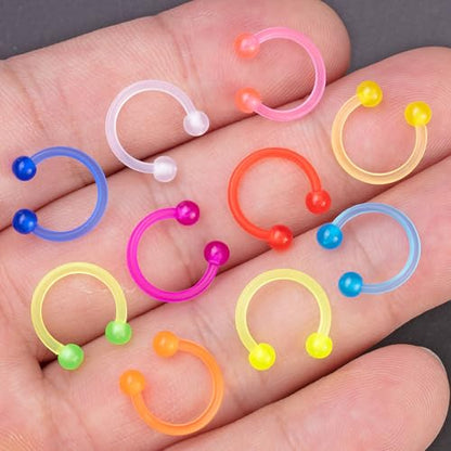 20Pcs 16G Glow in the Dark Horseshoe Nose Septum Ring for Women and Men | Eyebrow Lip Ring Septum Retainer Acrylic Flexible Circular Barbell Piercing Jewelry